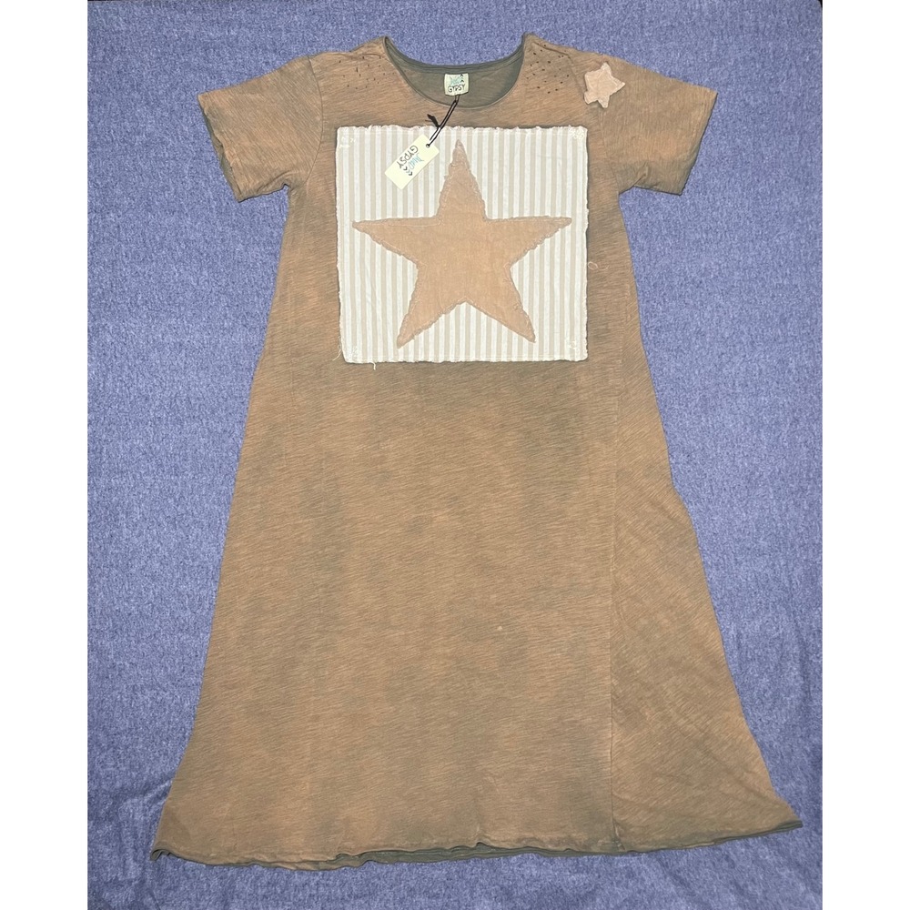 Jaded Gypsy Starlight Star Patch Tee Dress Olive Tan OS NWT Bohemian Distressed